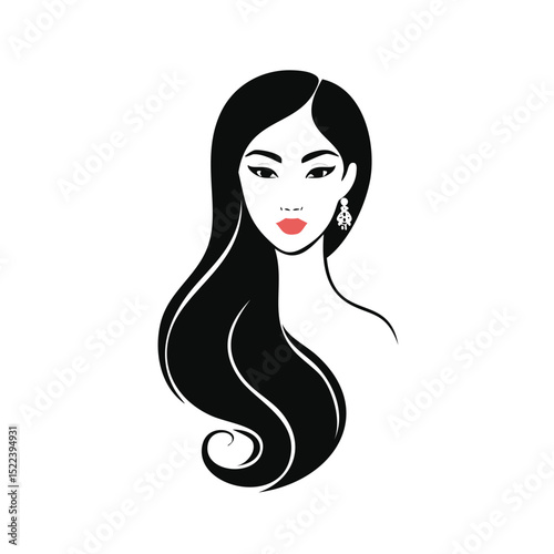 Elegant woman with long black hair and earrings