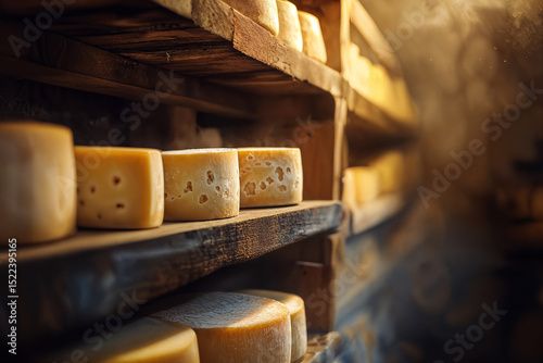 cheese cellar with rustic wooden shelves filled with aging cheese wheels of various sizes, dimly lit	