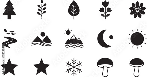 Nature Icons Collection tree leaf flower mountain river sun moon star snowflake mushroom