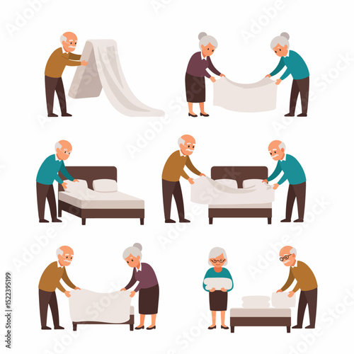 Elderly couple making bed together cartoon set