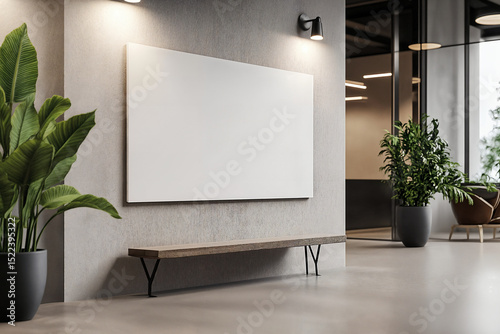 mockup. large, plain white canvas, artwork, mounted horizontally in landscape orientation on the wall of a modern office lobby with good lighting and potted plants