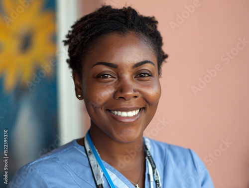 Smiling plus-size nurse in uniform, close-up portrait, diversity in healthcare