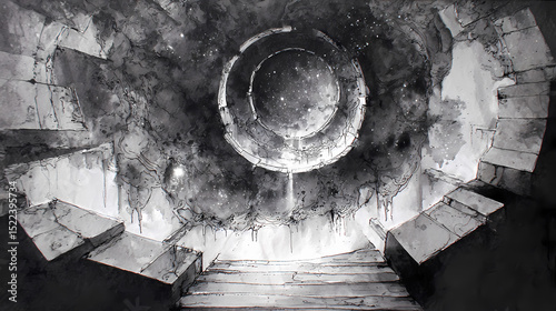 album art for avant-garde doom band | moral collapse | paranoiac awe | ink-stained gray | spiral descent | melting architecture | spectral light leaks | scratched silhouette | existential myth |