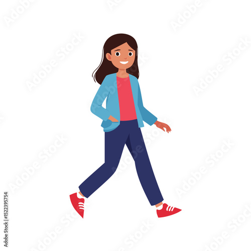 Happy girl walking casual outfit blue jacket red shoes