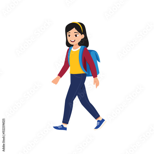 Happy schoolgirl walking to school with backpack
