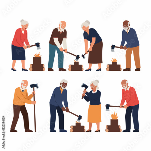 Seniors Chopping Wood, Older People Active Lifestyle