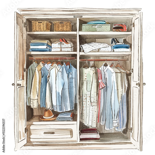 Hand-Drawn Closet Filled with Clothes and Accessories