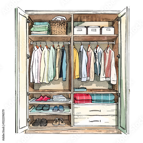 Hand-Drawn Closet Filled with Clothes and Accessories