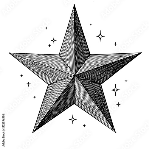 Geometric star illustration with decorative sparkles in black and white  