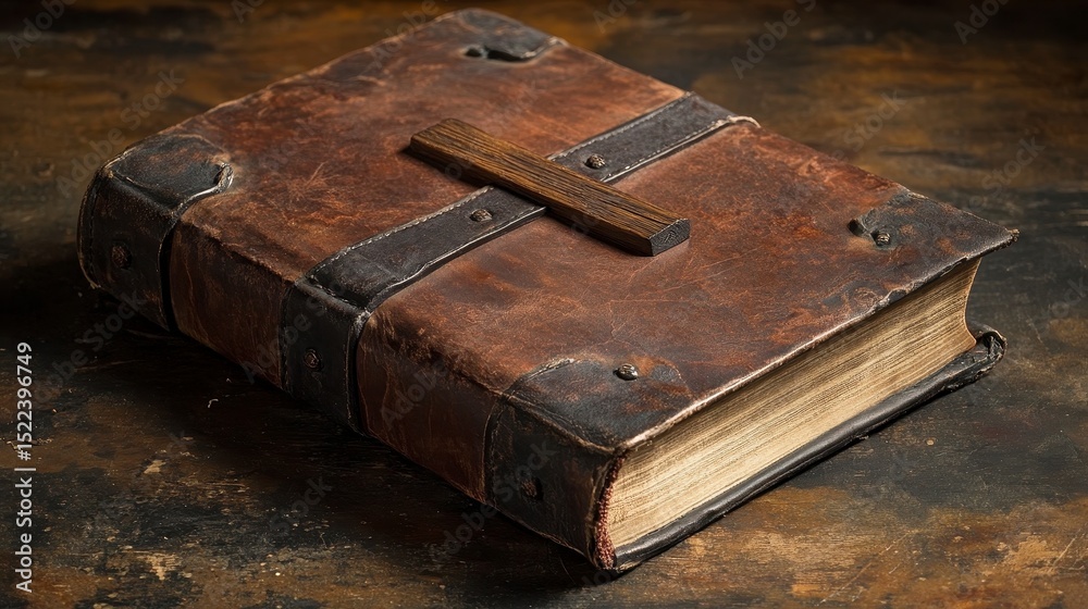Obraz premium Antique Leather Bound Book with Cross on Rustic Wooden Surface
