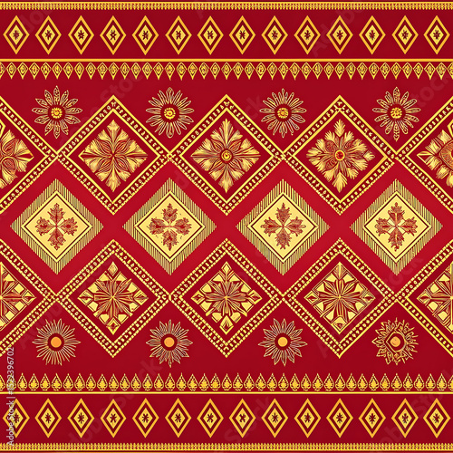 Traditional Thai Tribal Pattern in Red and Gold