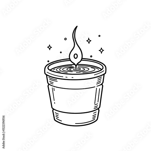 Candle in a pot with flame and stars in minimalist line art  