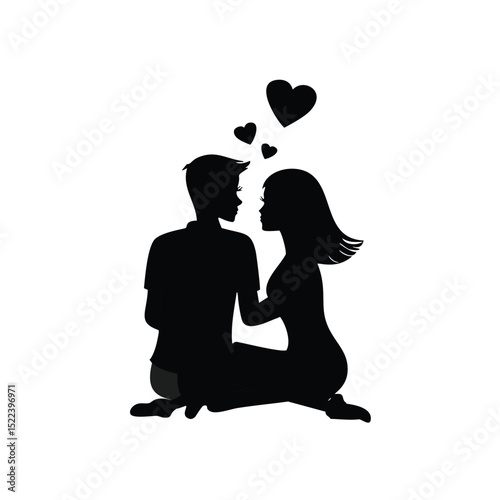 Romantic couple silhouette loving embrace hearts