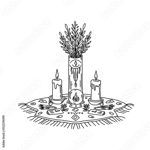 Occult candle setup with herbs and crystal ball on a table  