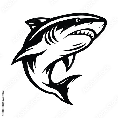 Monochrome Shark Leaping Predatory Fish Over Stylized Ocean Waves Design