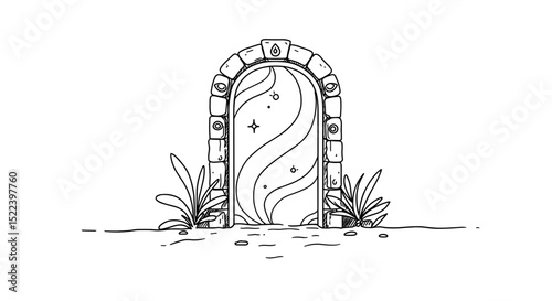Decorative arched door with swirling design and plants around  