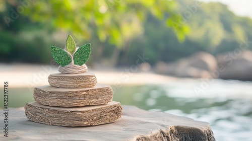 A calming stack of stones with a leaf accent set against a serene water backdrop.