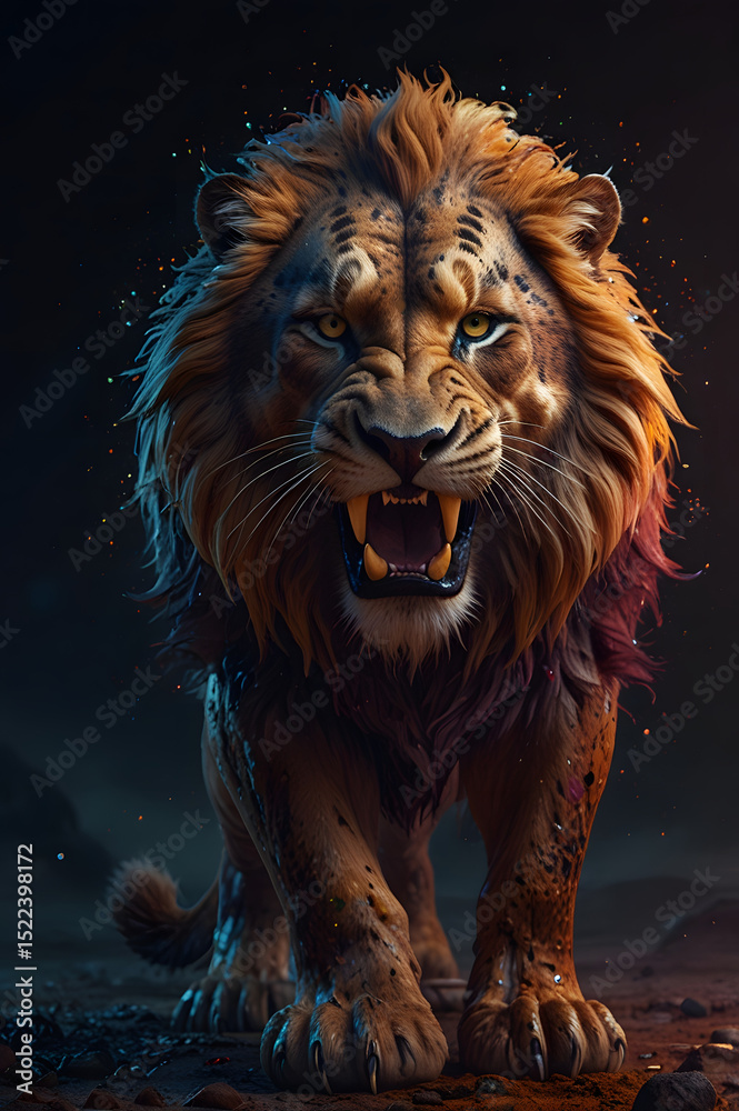 Fototapeta premium Smilodon Galaxy – Roar of the Ancient Flame. A cosmic vision of the legendary saber-toothed Smilodon, set against radiant volcanic plains. This powerful artwork evokes primal strength.