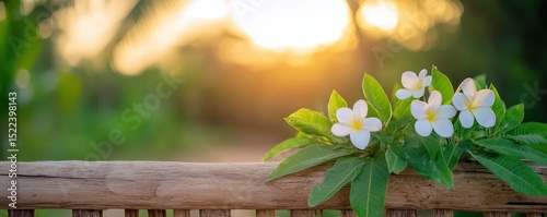 Delicate white flowers on a wooden fence, with a blurred natural background at sunset.