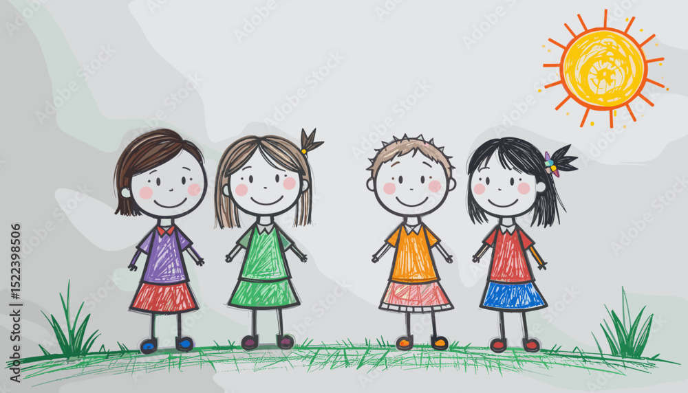 Fototapeta premium Cheerful kids standing together under the sun in a playful and colorful drawing style
