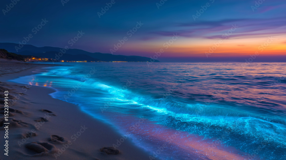 Fototapeta premium Bioluminescent waves under a vibrant sunset on a tranquil beach.