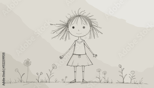 Charming sketch of a happy girl surrounded by flowers in a simple and playful style