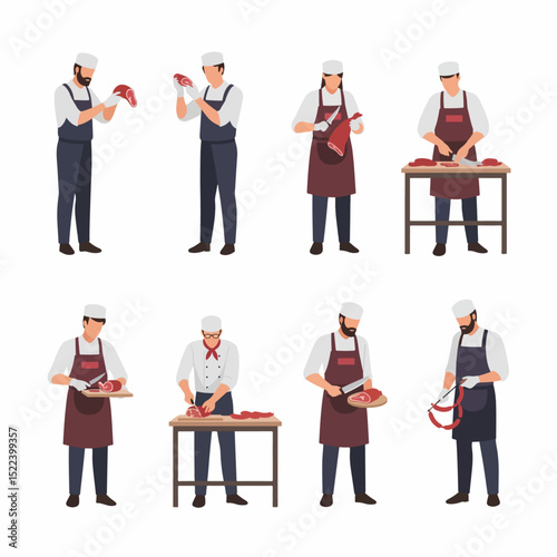 Butchers working, cutting meat flat art style