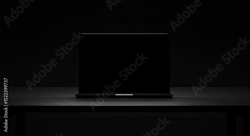 Minimalist Black Laptop Displayed Centrally on Dark Surface with Shadow Detailing