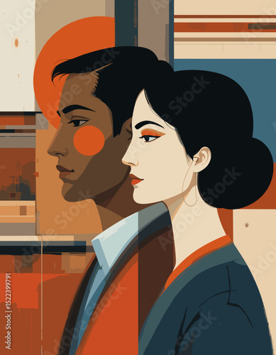 Stylized portrait of a man and woman in profile with bold color contrasts and geometric patterns