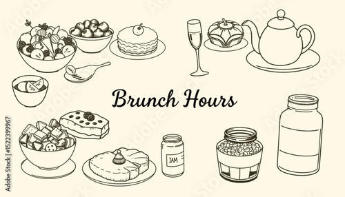 Line art illustration of brunch foods and drinks with the text "Brunch Hours"