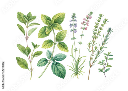 Watercolor illustration of hand-drawn herbs in botanical style on white background featuring delicate greenery and organic textures ideal for natural design and culinary themes.