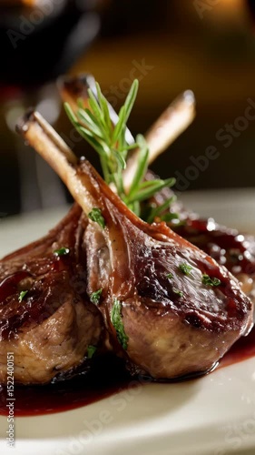 Elegant lamb chops served with rosemary garnish, red wine reduction, and blurred glasses of red wine.