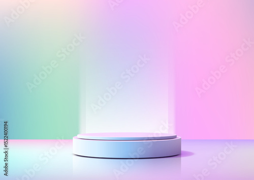 pastel dreamscape podium on reflective surface with lavender mint rose gradient background for product display mockup showcase