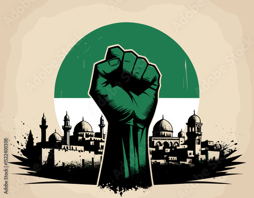 Symbolic raised fist representing strength and resistance with a background of Jerusalem skyline
