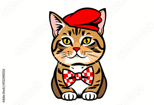 Charming cartoon cat wearing a red beret and checkered bowtie, looking cute against a white background
