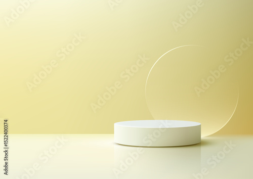 minimalist 3d white cylindrical podium on reflective surface with translucent circular panel yellow background