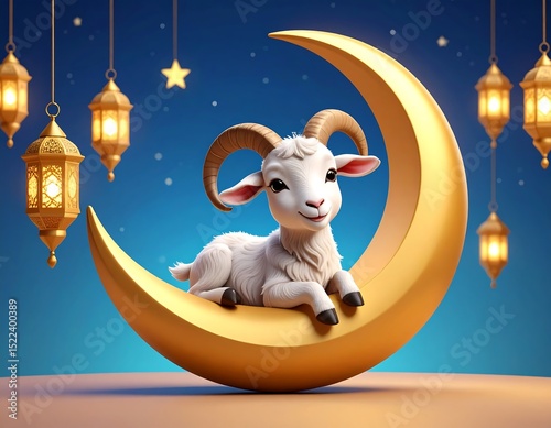 Cute lamb on crescent moon, festive lights
