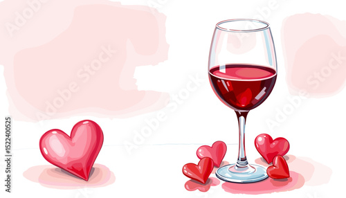 Romantic illustration of a wine glass and scattered heart shapes against a soft pink background