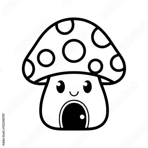 Cute mushroom house with face black and white vector art