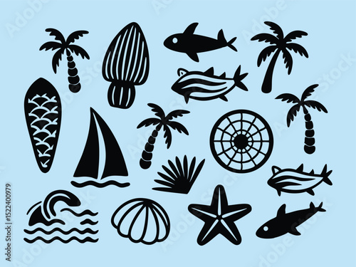 Tropical Summer Vibes Ocean, Beach, and Palm Tree Illustrations