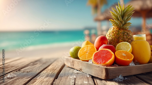 Fresh tropical fruits on beach with ocean view.