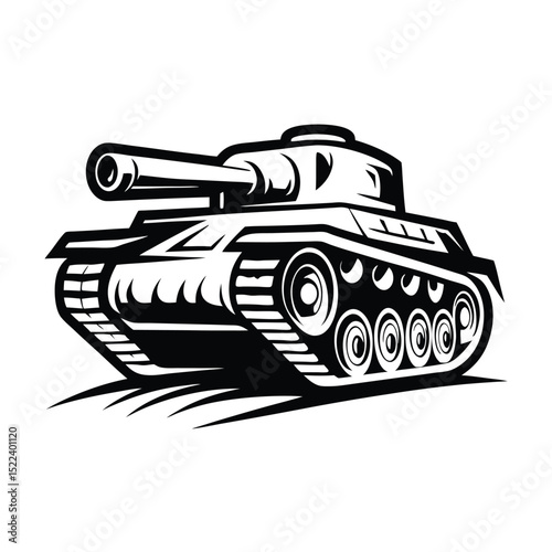 Monochrome Tank Isolated Silhouette of Military Vehicle with Track Wheels & Gun Barrel