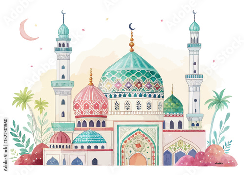 Watercolor background featuring Islamic architecture, mosque silhouette with floral leaves pattern, ideal for Ramadan, Eid, or Muslim spiritual themed decorations