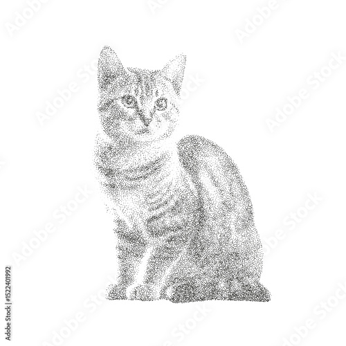 Cat Dotwork Illustration – Black and White Stippling Vector Drawing of a Sitting Tabby Cat