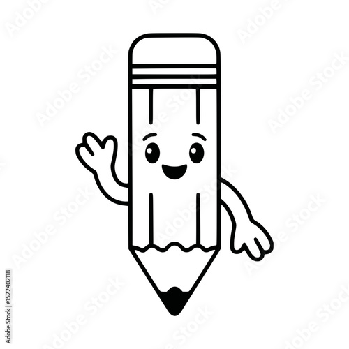 Cute cartoon pencil with waving hand black and white vector icon