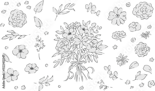 線画の草木。ベクターで描いた草木の花束イラスト。シンプル草木グラフィック。Line drawing grass and trees. Vector bouquet illustration of plants and trees. Simple grass and trees graphic.
