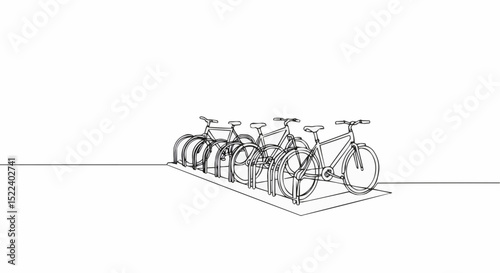 Line drawing of bicycles parked in a row.