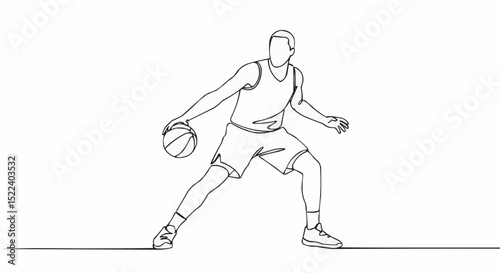 A minimalist line drawing captures a basketball player dribbling the ball, showcasing skill and focus.