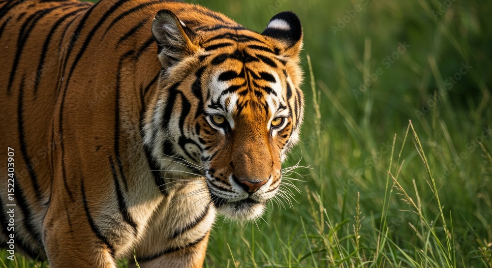 Naklejka premium Close Up Portrait Of An Alert Tiger In Green Grass Revealing Orange And Black Stripes