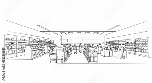 Line drawing of a supermarket interior scene with many products and shoppers.